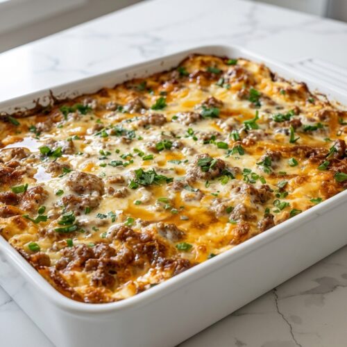 Golden pancake sausage casserole drizzled with a rich brown butter and maple custard infusion.