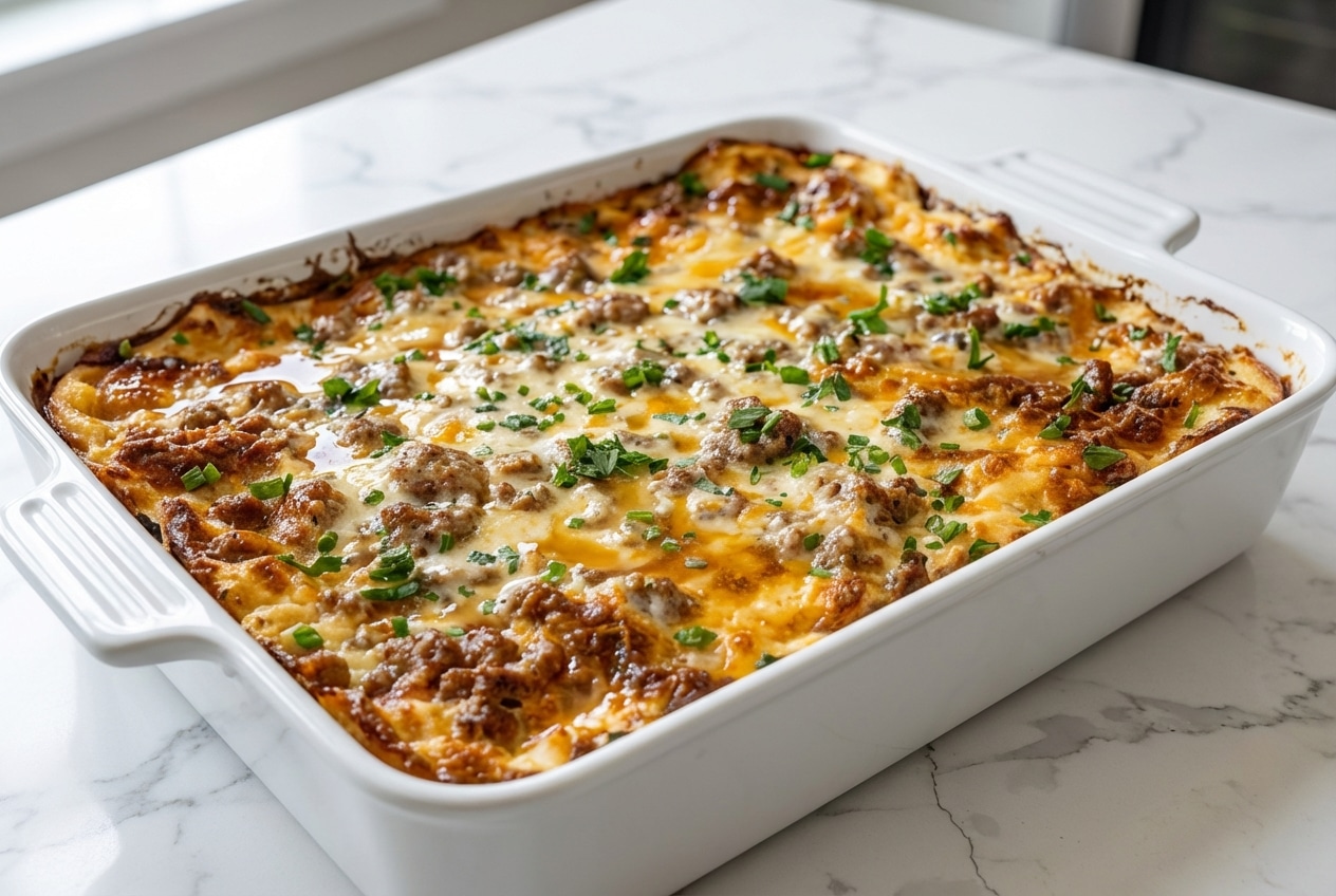 Golden pancake sausage casserole drizzled with a rich brown butter and maple custard infusion.