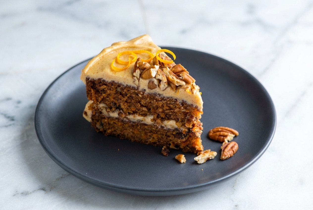 Spiced carrot cake recipe with velvety brown butter and orange zest cream cheese frosting on a serving plate.