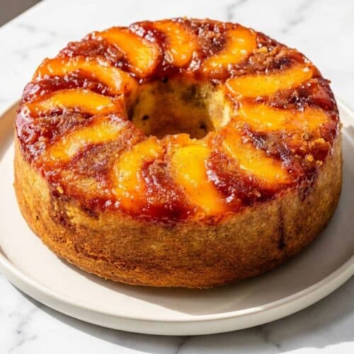 Peach cobbler pound cake featuring golden brown butter streusel and a tender, moist crumb on a white serving plate.
