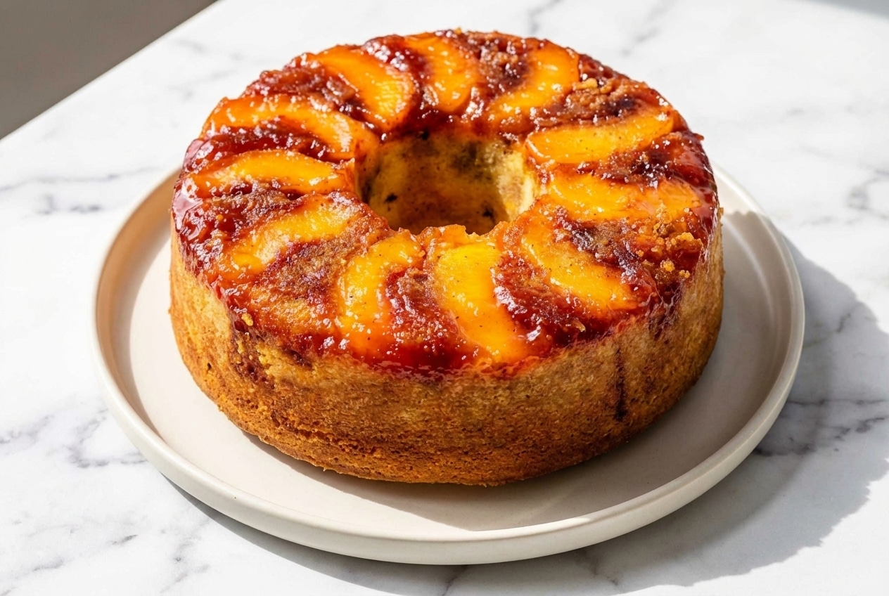 Peach cobbler pound cake featuring golden brown butter streusel and a tender, moist crumb on a white serving plate.