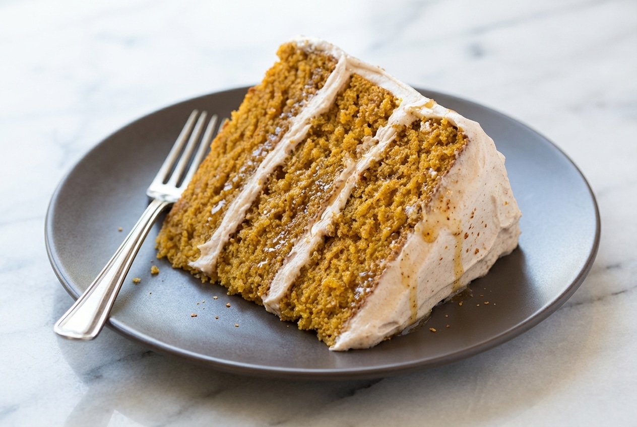 Layered pumpkin cake with cinnamon cream cheese frosting featuring a rich brown butter infusion.