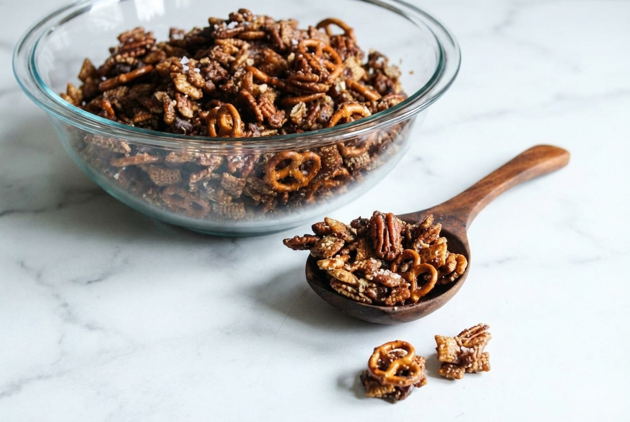 Turtle chex mix with browned butter caramel, toasted pecan halves, and a sprinkle of Maldon sea salt flakes.