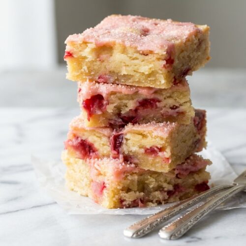 Sliced strawberry lemon blondies with a brown butter crumb and fragrant lemon-rubbed sugar zest.