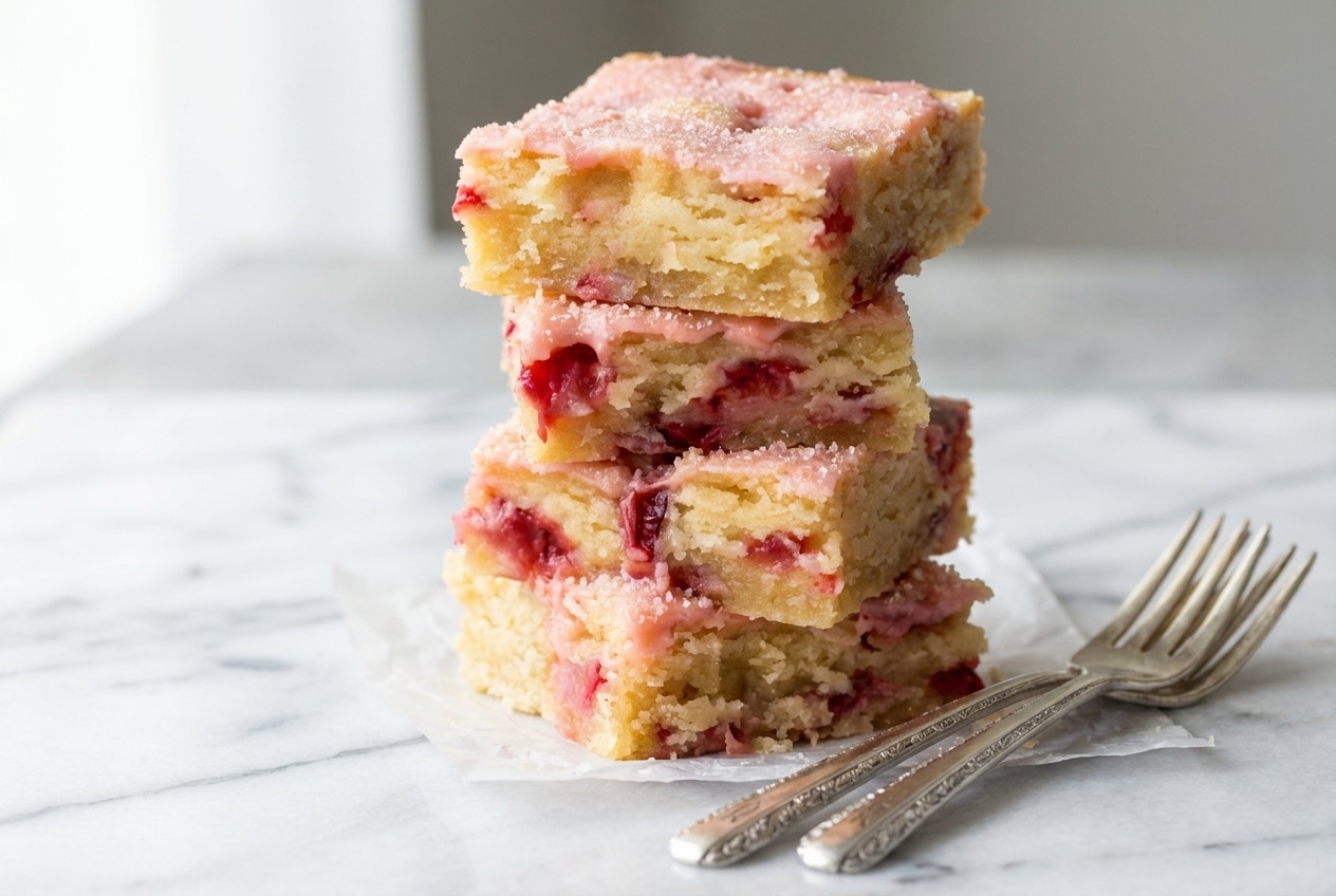 Sliced strawberry lemon blondies with a brown butter crumb and fragrant lemon-rubbed sugar zest.