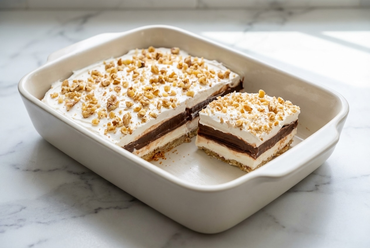 Sliced four layer delight with a nutty browned butter shortbread crust and creamy whipped topping.