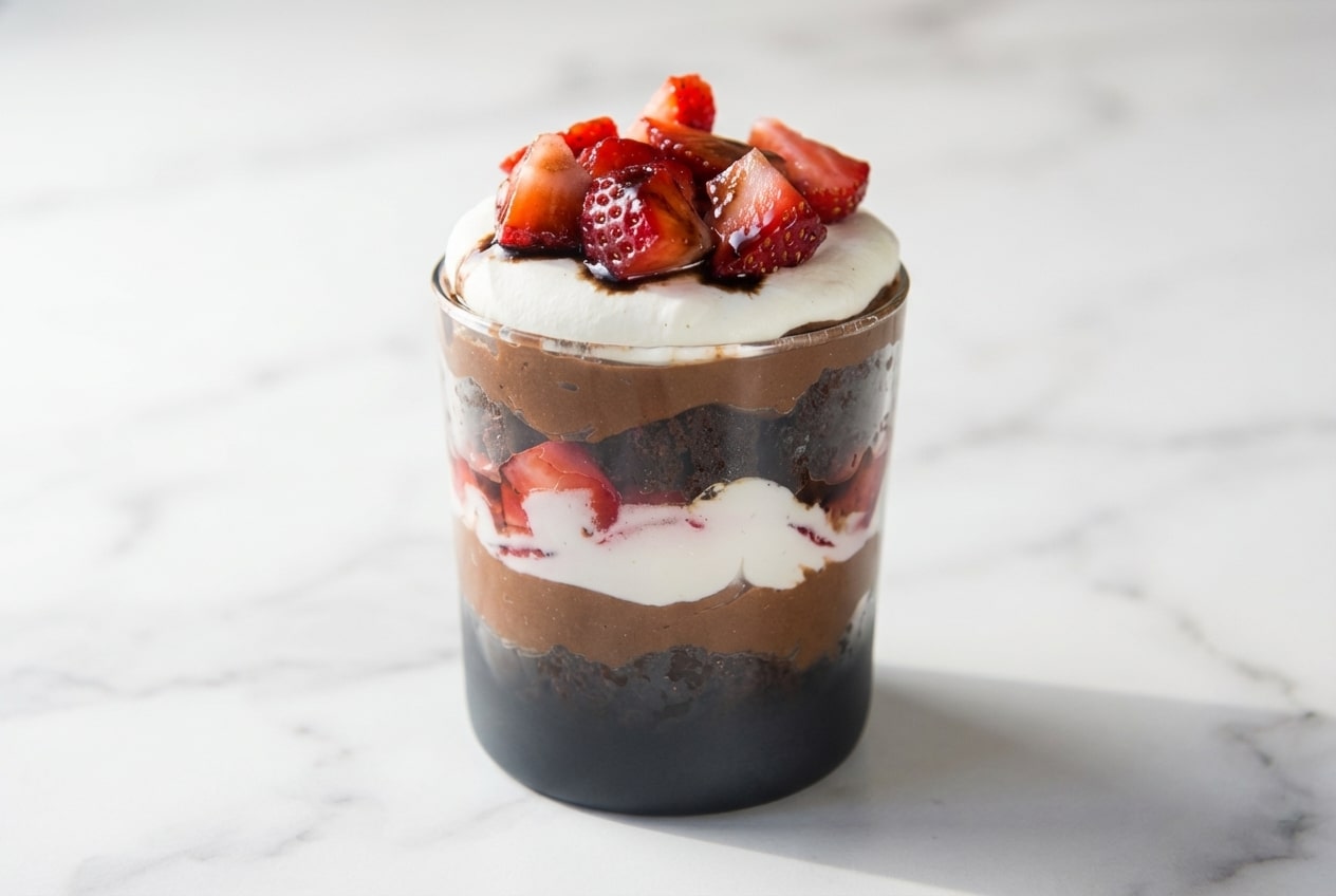 Layered brownie strawberry trifle with espresso-balsamic macerated berries and whipped cream in a glass bowl.
