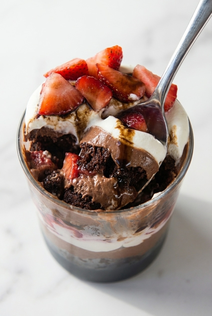 Side view of a brownie strawberry trifle showing defined layers of chocolate pastry cream and macerated fruit.