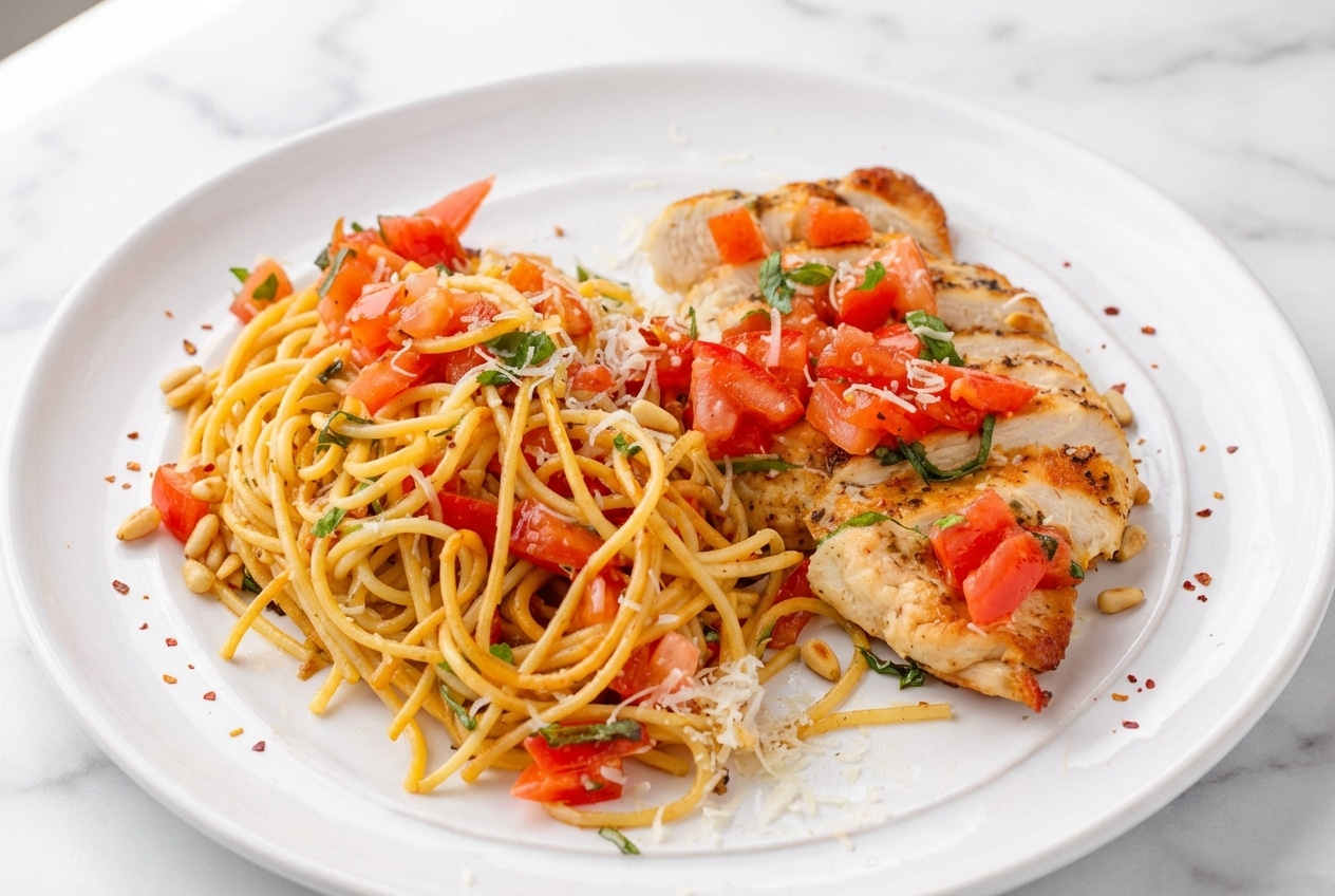Bruschetta chicken pasta topped with toasted pine nuts, chiffonade basil, and a sprinkle of spicy Aleppo pepper.