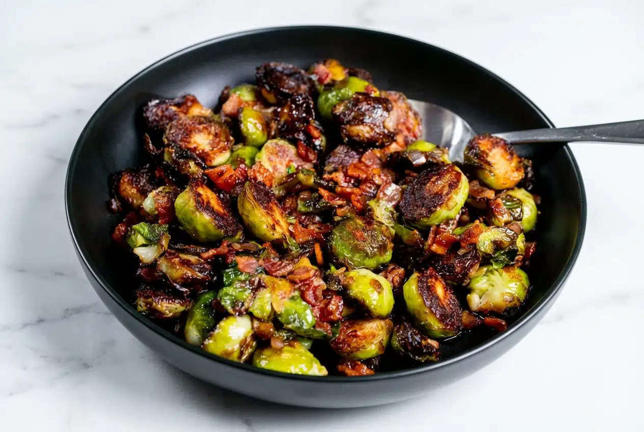 Pan-seared brussels sprouts with bacon, glazed with apple cider vinegar and a pinch of smoked paprika.