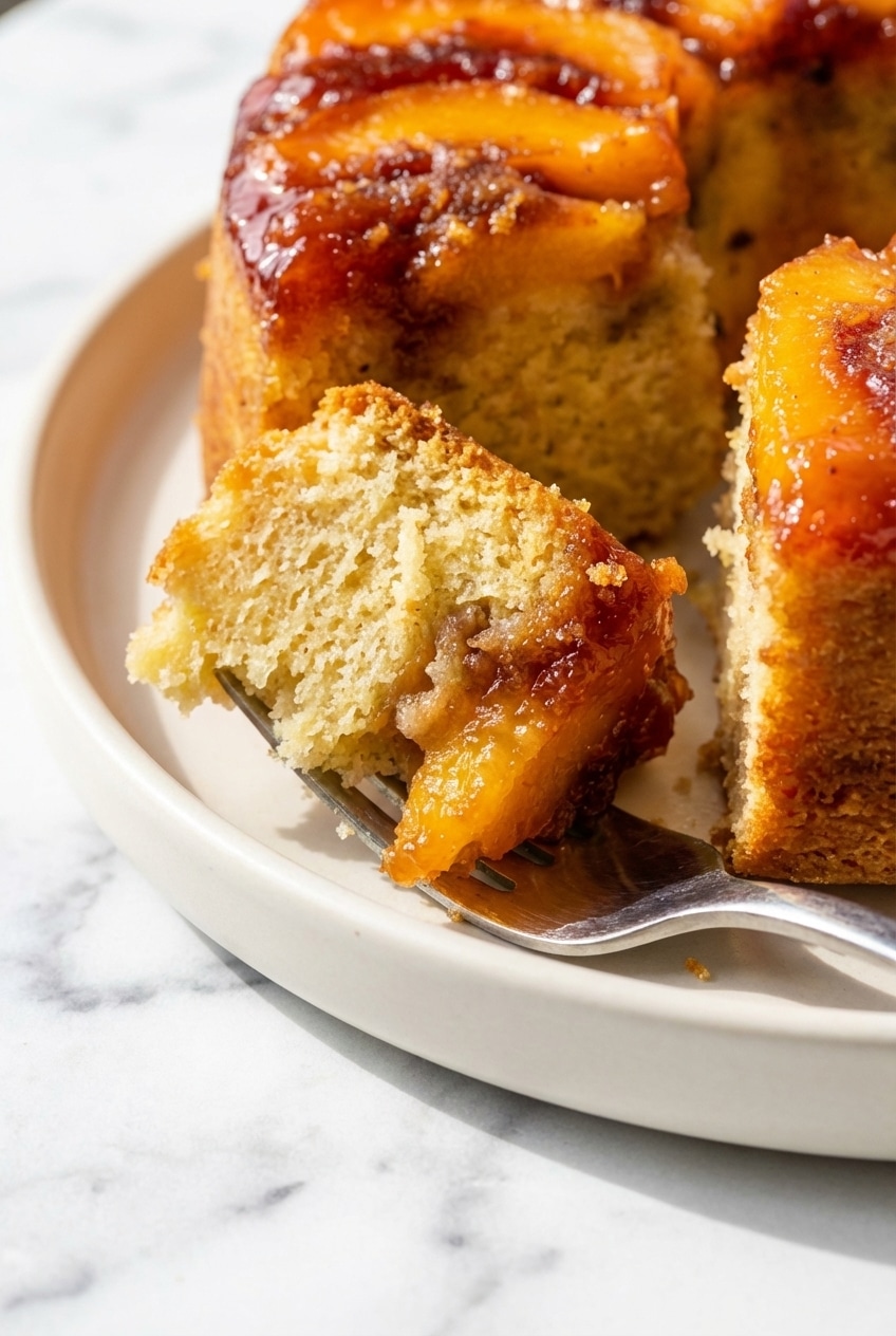 Golden peach cobbler pound cake inside a Bundt pan showcasing perfect caramelization and even baking.