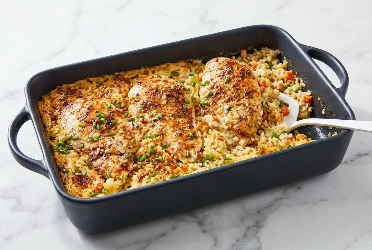 Golden butter-seared no peek chicken and rice in a baking dish showing the Maillard boost effect.