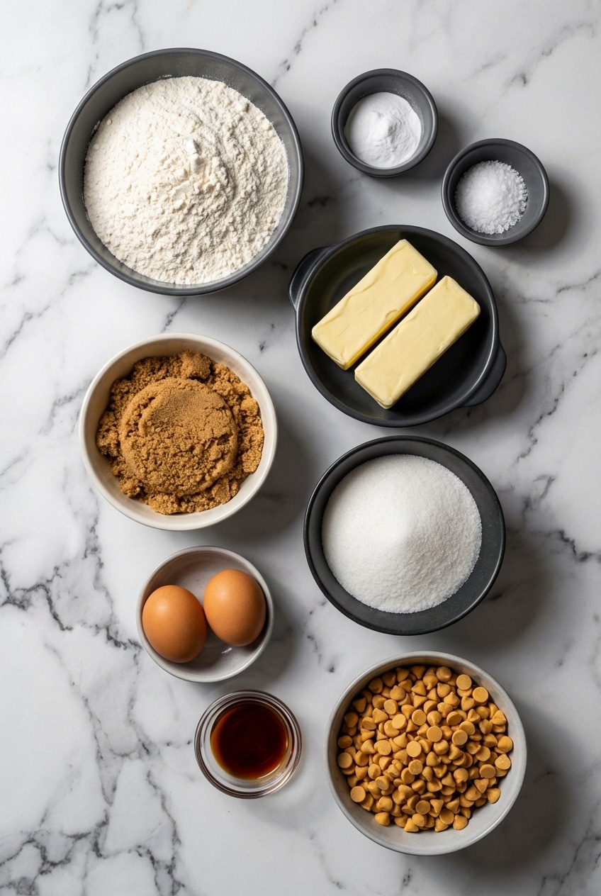 Flat lay of ingredients for butterscotch cookies including all-purpose flour, brown sugar, and butterscotch morsels.