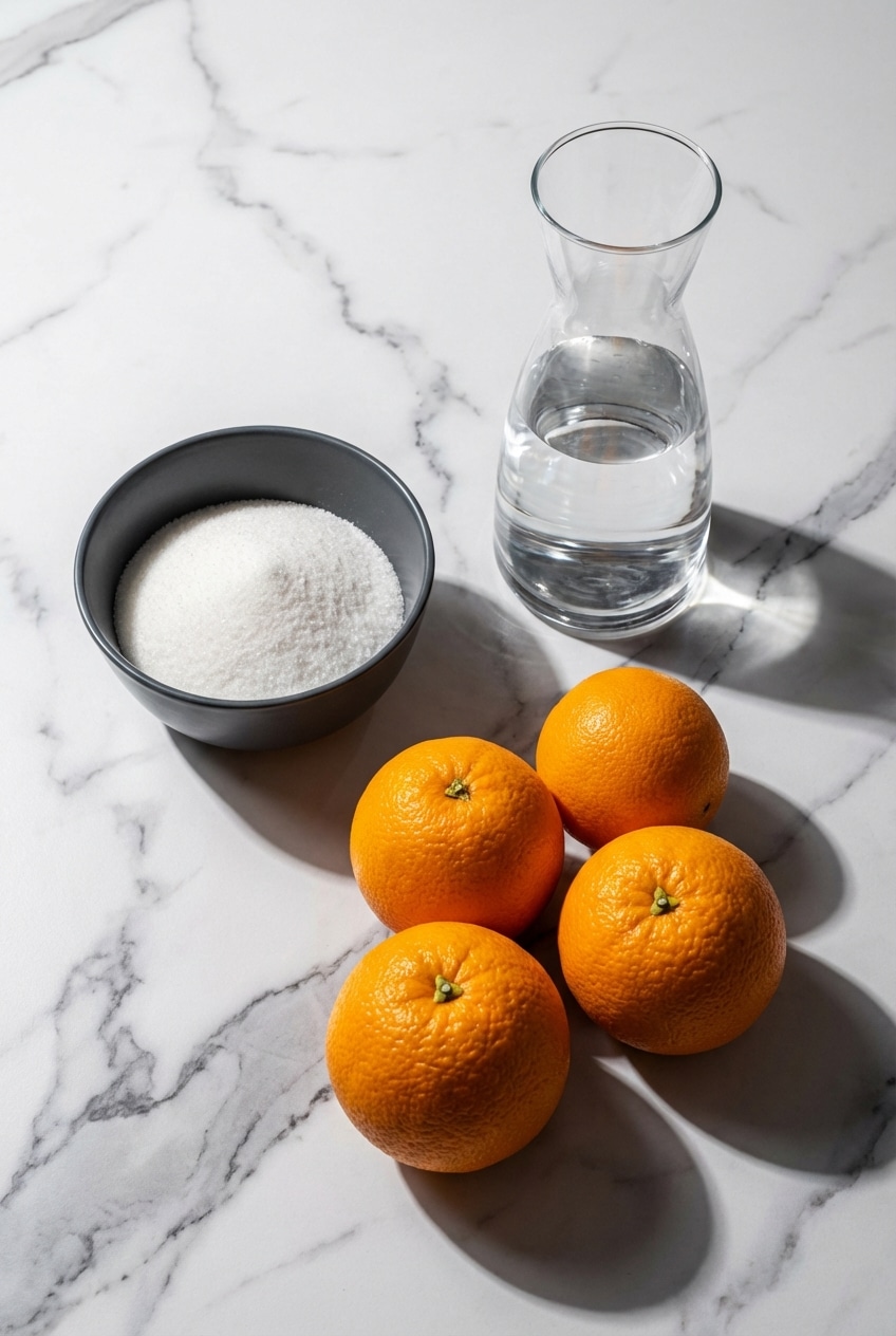 Ingredients for this candied orange peel recipe including Citrus sinensis oranges, sugar for simple syrup, and citric acid.