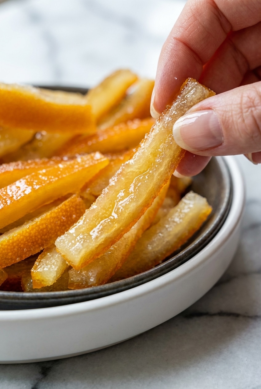 Close-up of the candied orange peel recipe showing the pith becoming translucent and glassy during the simmering process.