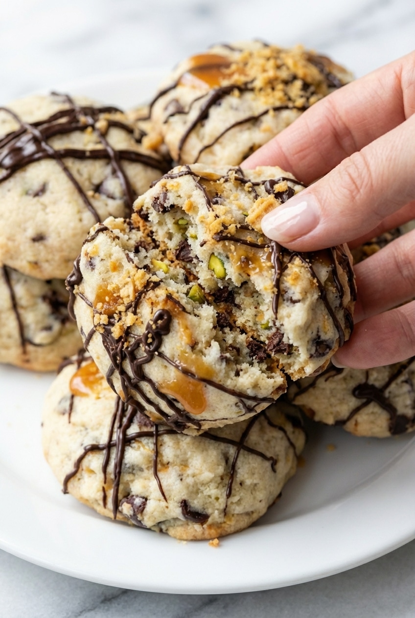 Close-up of the tender crumb inside a cannoli cookie recipe showing melted chocolate chips and bright orange zest.