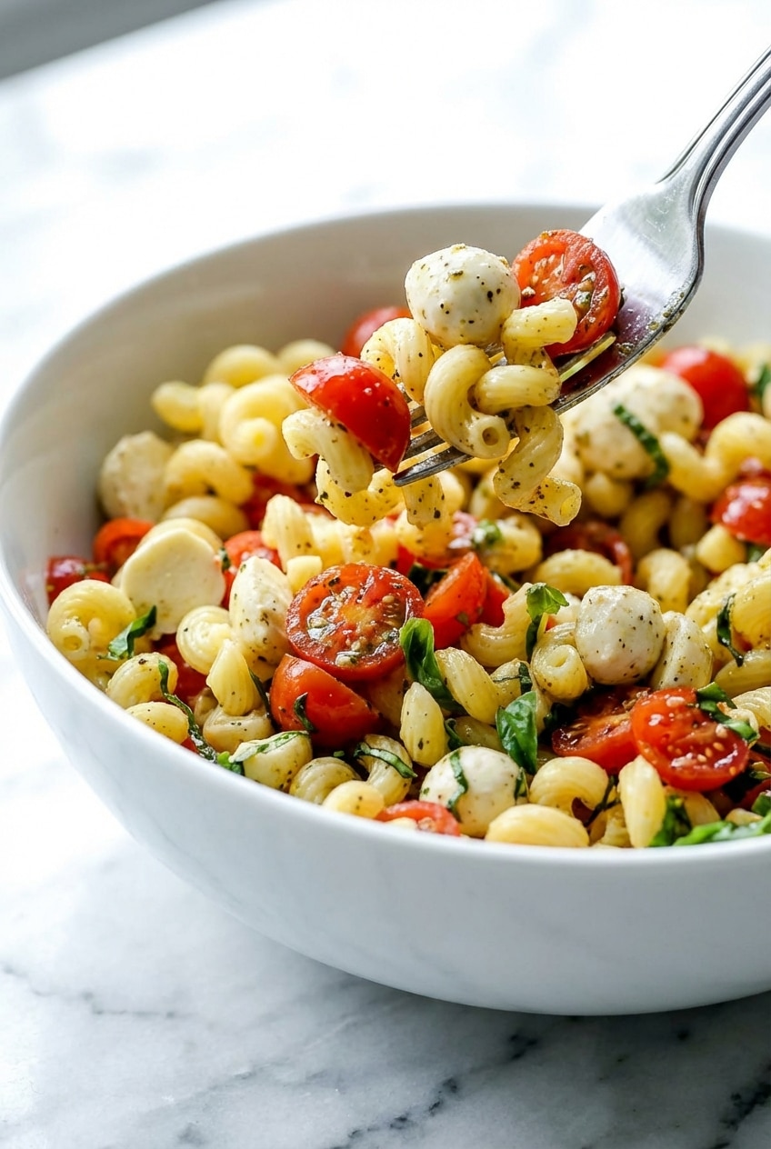 Close-up of ciliegine mozzarella soaking in dressing for a flavorful caprese pasta salad.