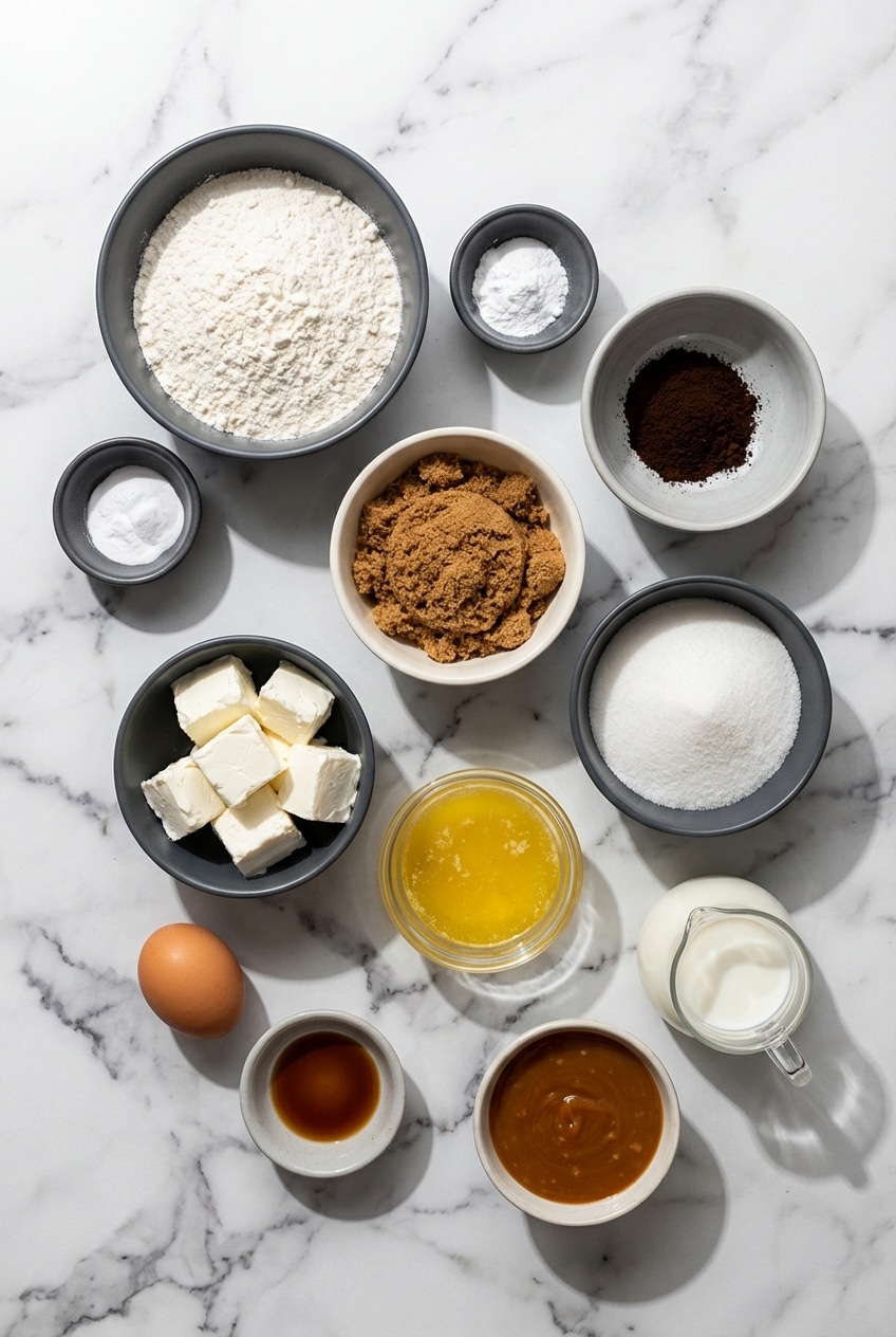 Raw ingredients for caramel macchiato cookies including espresso powder, brown sugar, and vanilla bean paste on a flat surface.