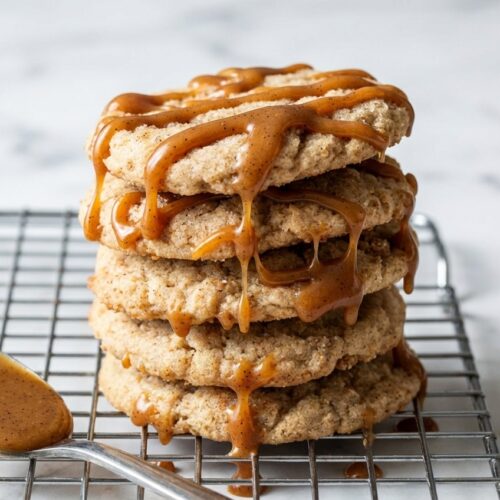 Soft caramel macchiato cookies featuring a rich brown butter and vanilla bean infusion with salted caramel drizzle.