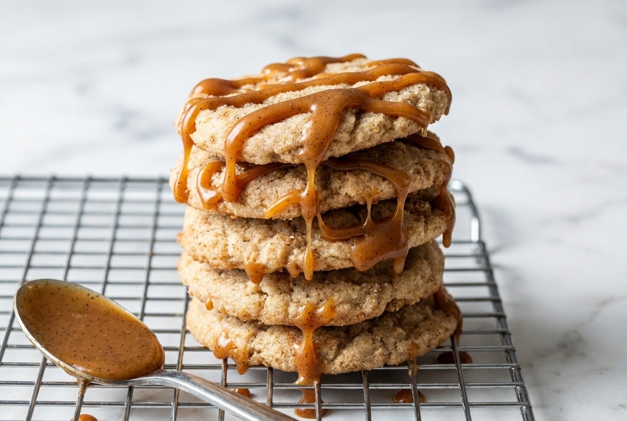 Soft caramel macchiato cookies featuring a rich brown butter and vanilla bean infusion with salted caramel drizzle.