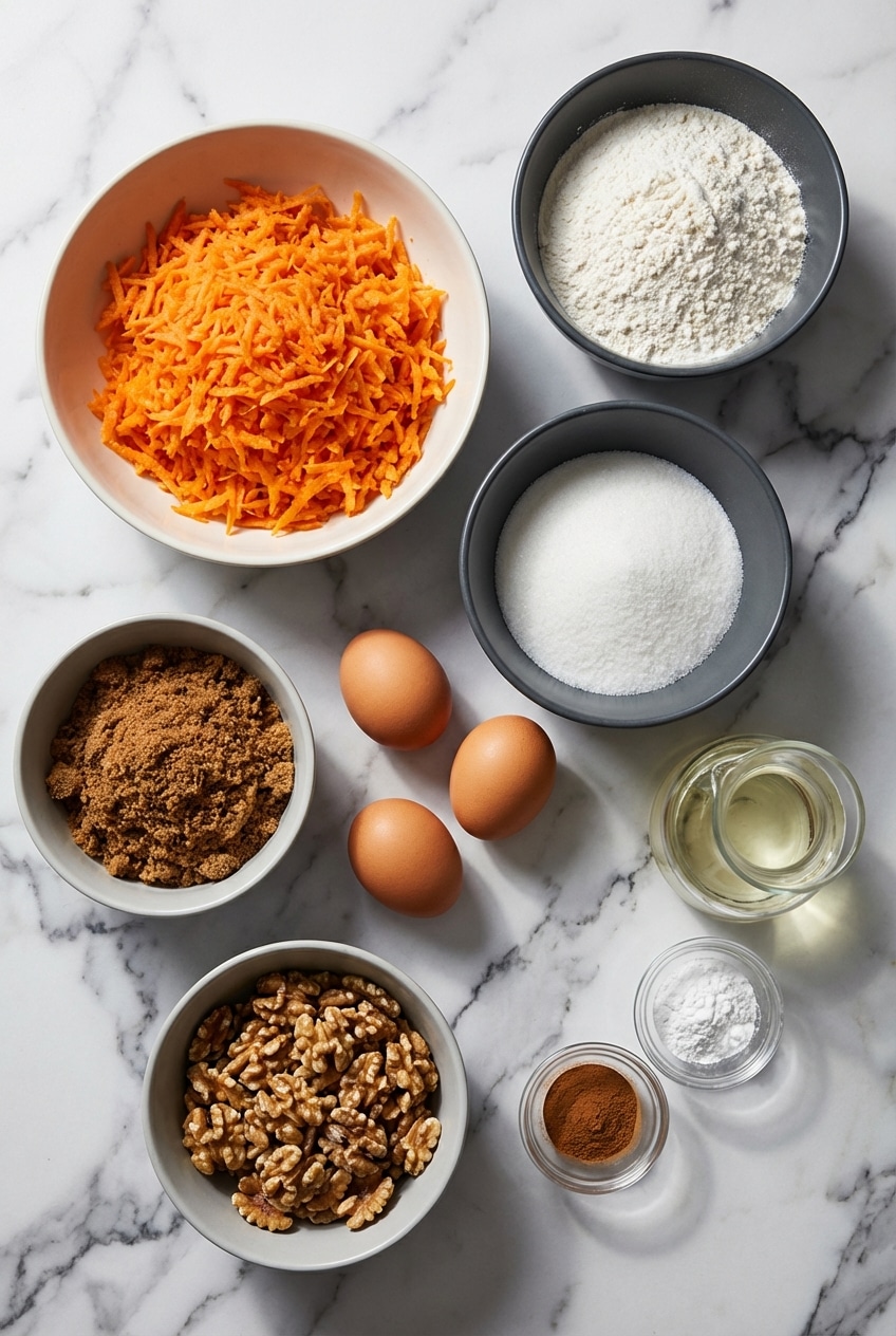 Pantry staples including all-purpose flour, brown sugar, and pecans gathered for a moist carrot cake recipe.