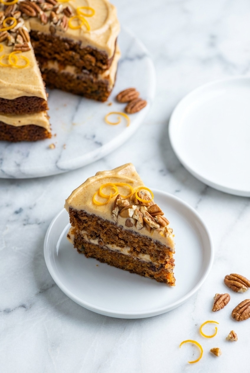 Whole carrot cake recipe decorated with toasted pecans and citrusy cream cheese frosting on a rustic table.