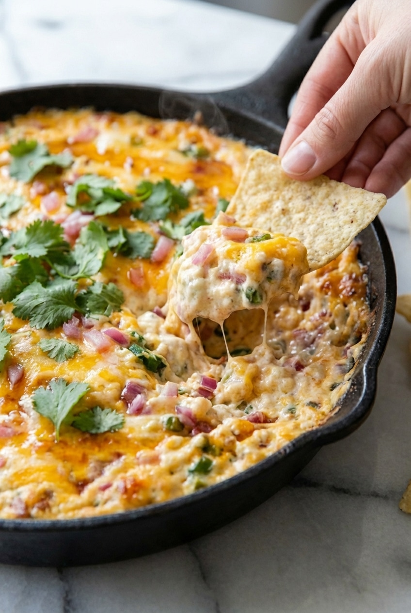 Close-up of bubbly jalapeno popper dip in a cast iron skillet garnished with fresh cilantro and panko crumbs.