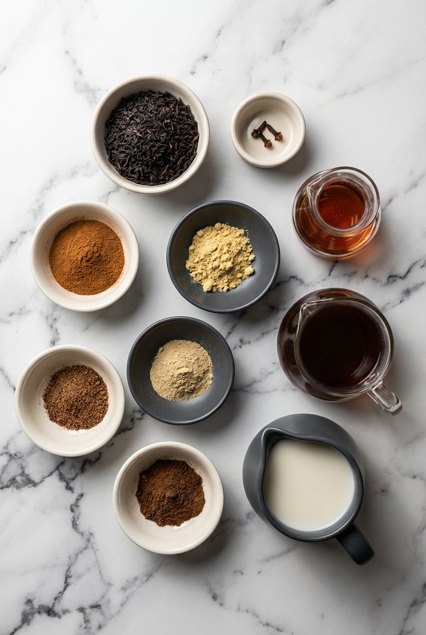Raw ingredients for a Chai Tea Latte including star anise, cardamom, cinnamon sticks, and loose leaf black tea.