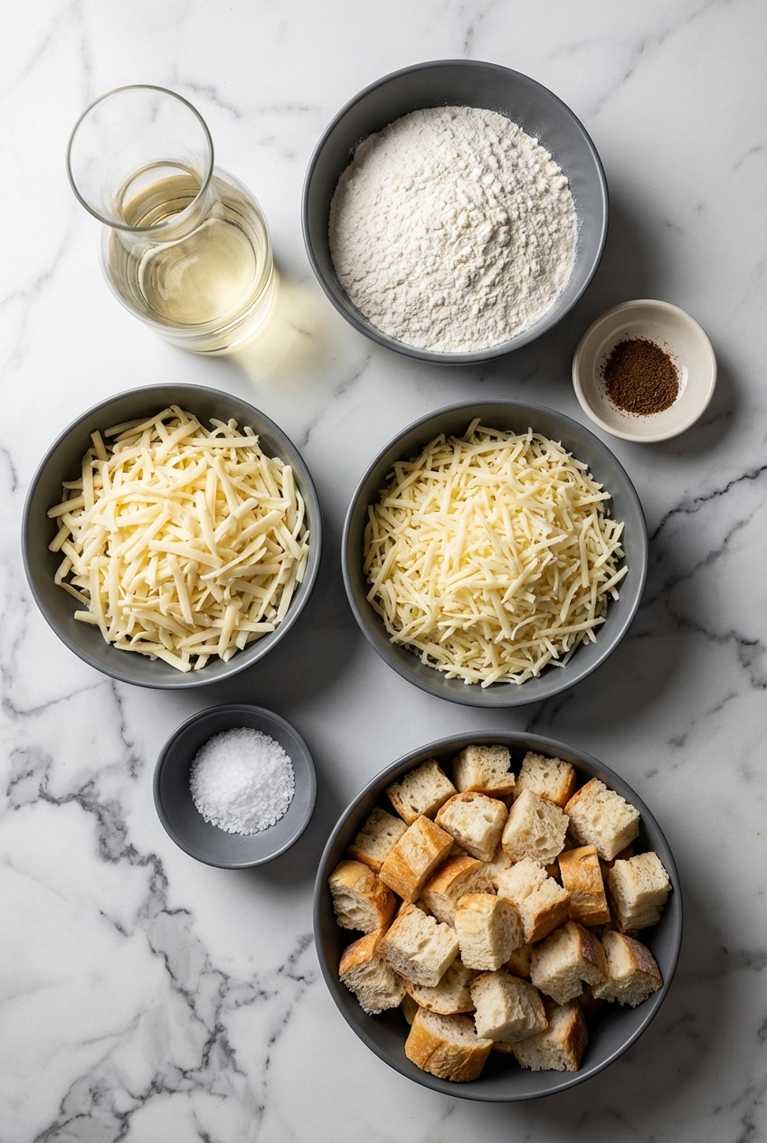 Ingredients for cheese fondue recipe including blocks of Gruyère, Emmentaler, cornstarch, and Kirsch.