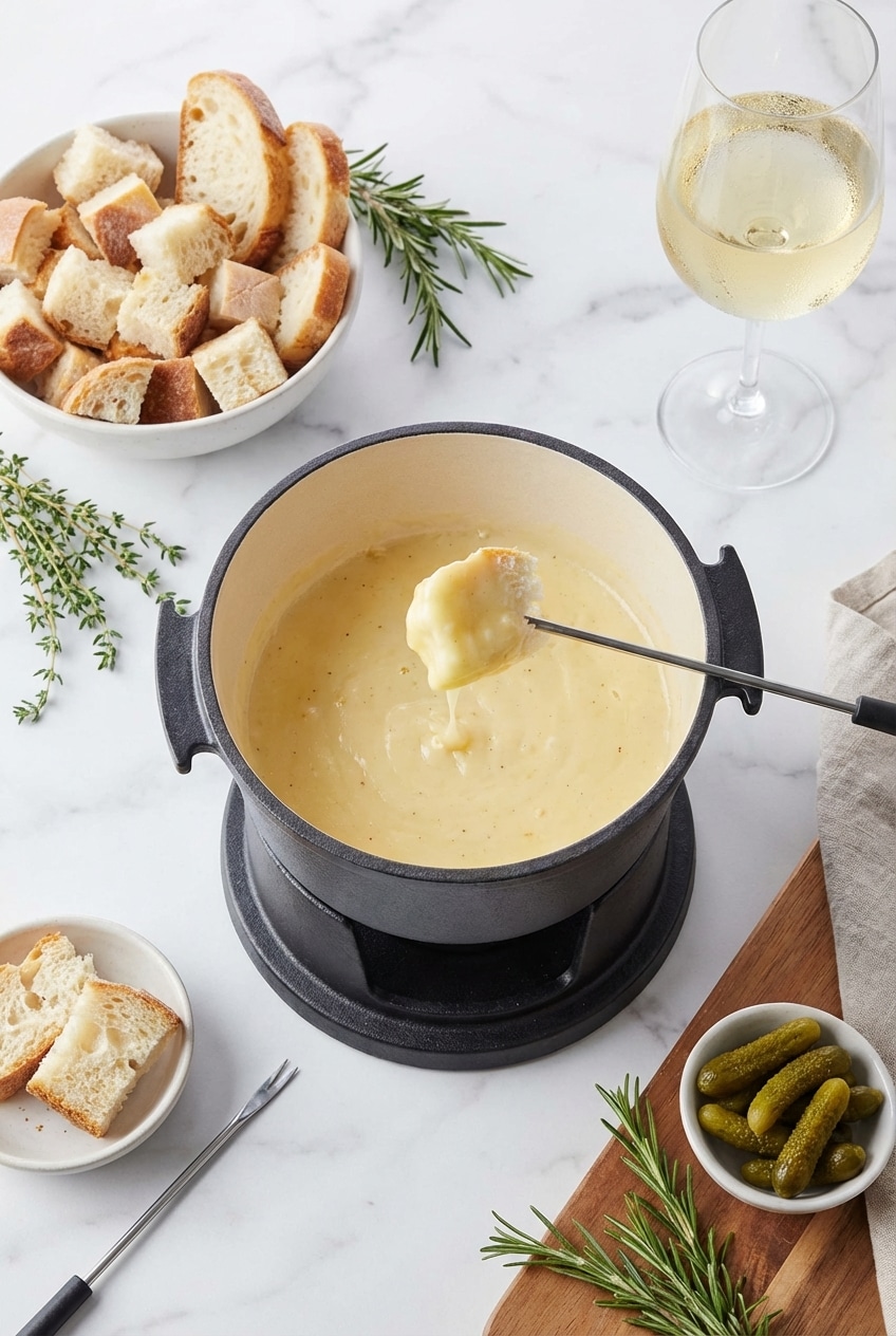 Table setting for cheese fondue recipe featuring a fondue pot surrounded by bread and apple dippers.