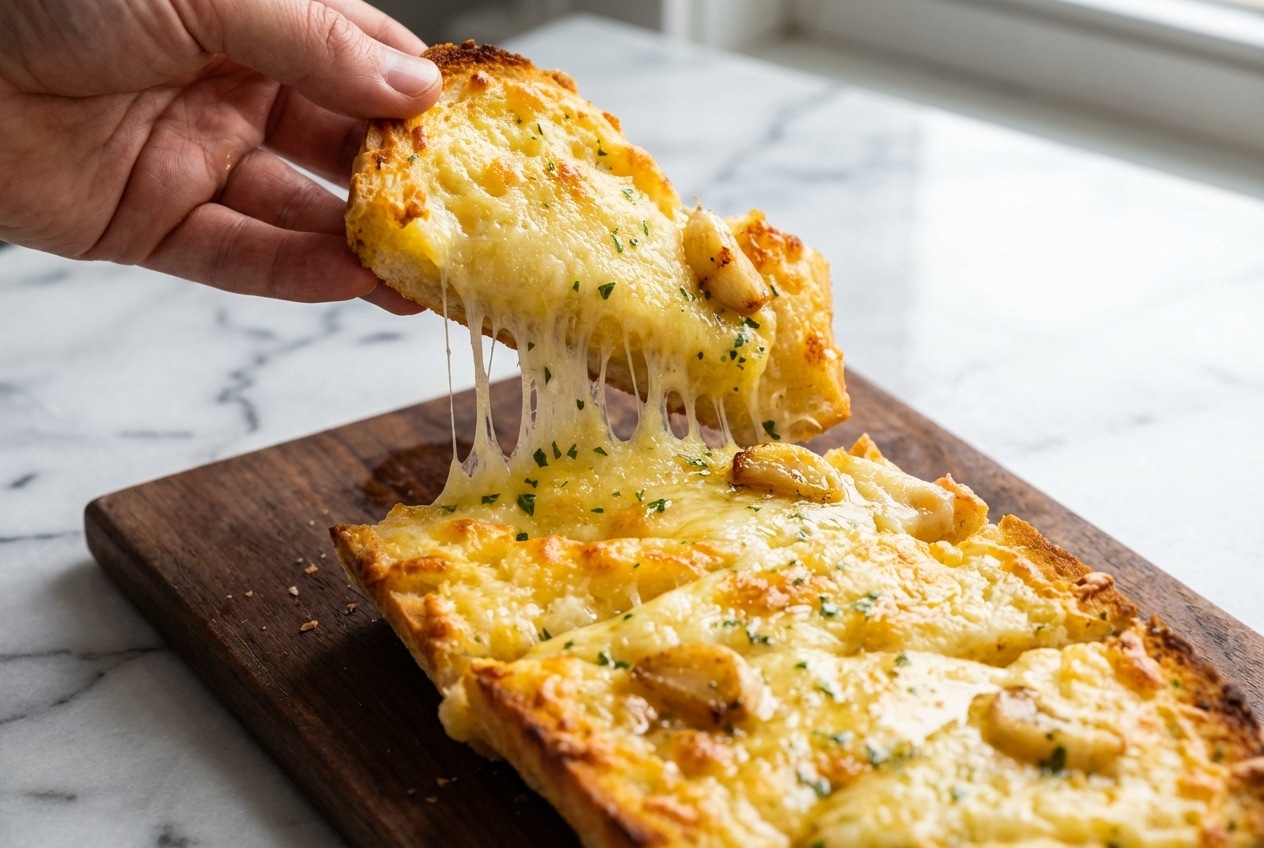Slices of cheesy garlic bread recipe topped with molten mozzarella and rich double-garlic bone marrow butter.