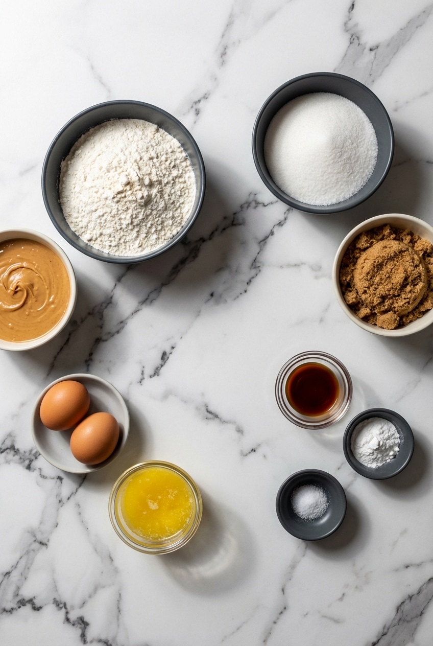 Ingredients for chewy peanut butter brownies including creamy peanut butter, brown sugar, and semi-sweet chocolate chips.