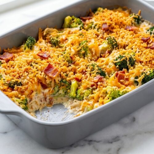 Chicken bacon ranch casserole topped with a golden, double-crunch smoked paprika panko crust in a baking dish.