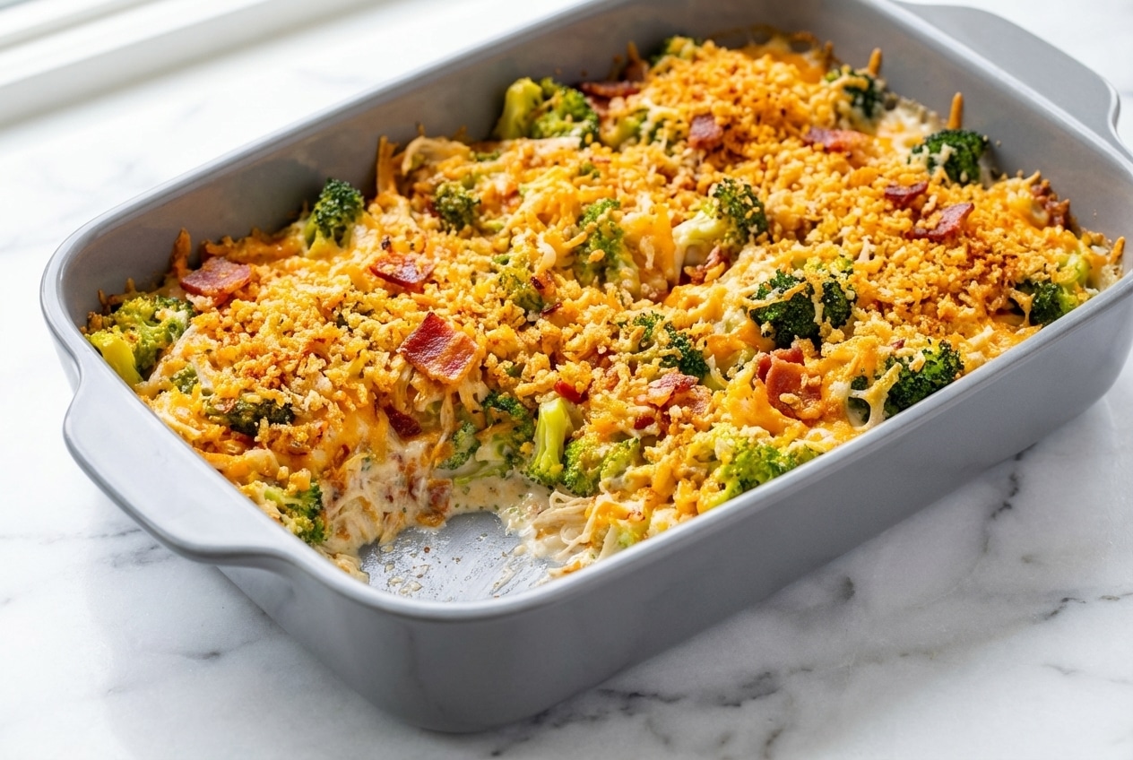 Chicken bacon ranch casserole topped with a golden, double-crunch smoked paprika panko crust in a baking dish.