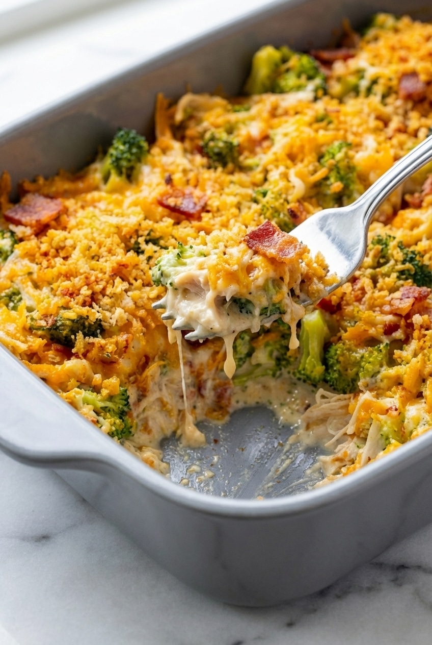 A close-up of chicken bacon ranch casserole showing the crispy panko topping and melted mozzarella cheese.