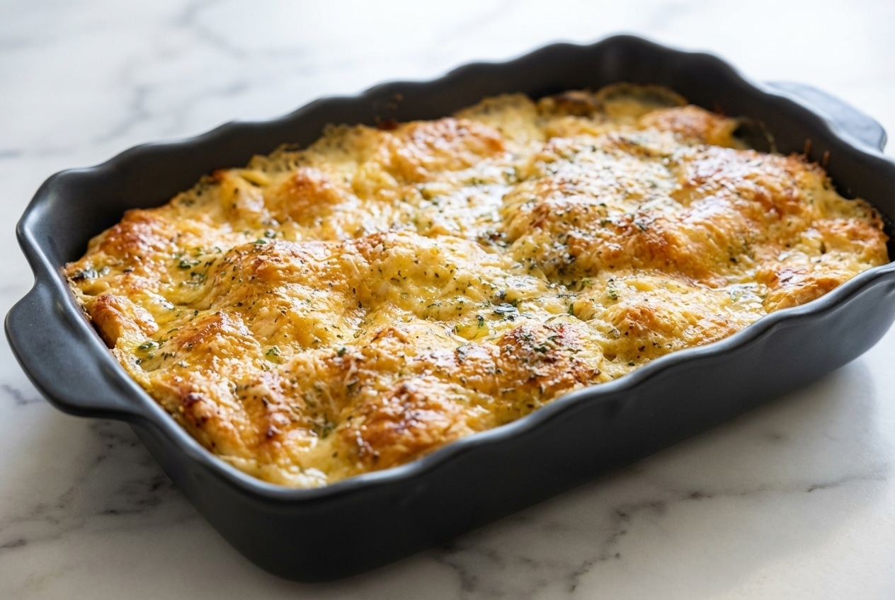 Golden chicken bubble biscuit bake casserole topped with a savory garlic-parmesan herb brush finish.
