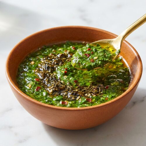 Vibrant chimichurri sauce in a bowl showing deep infusion from the dried herb maceration technique.