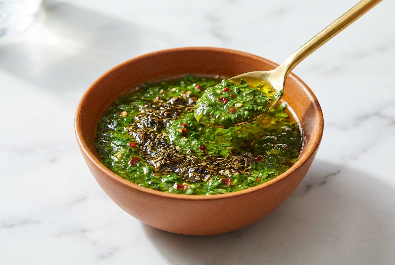 Vibrant chimichurri sauce in a bowl showing deep infusion from the dried herb maceration technique.