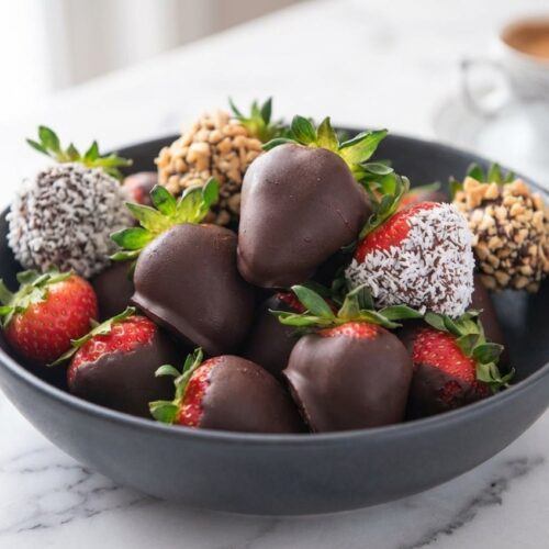 Espresso-infused chocolate covered strawberries with a crisp snap finish from a secret cornstarch barrier.