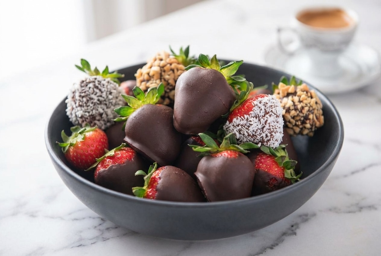 Espresso-infused chocolate covered strawberries with a crisp snap finish from a secret cornstarch barrier.