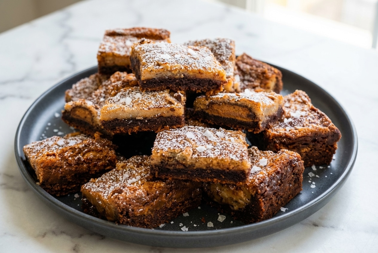 Slices of chocolate peanut butter ooey gooey cake with a salted espresso cocoa crust and flaky sea salt.