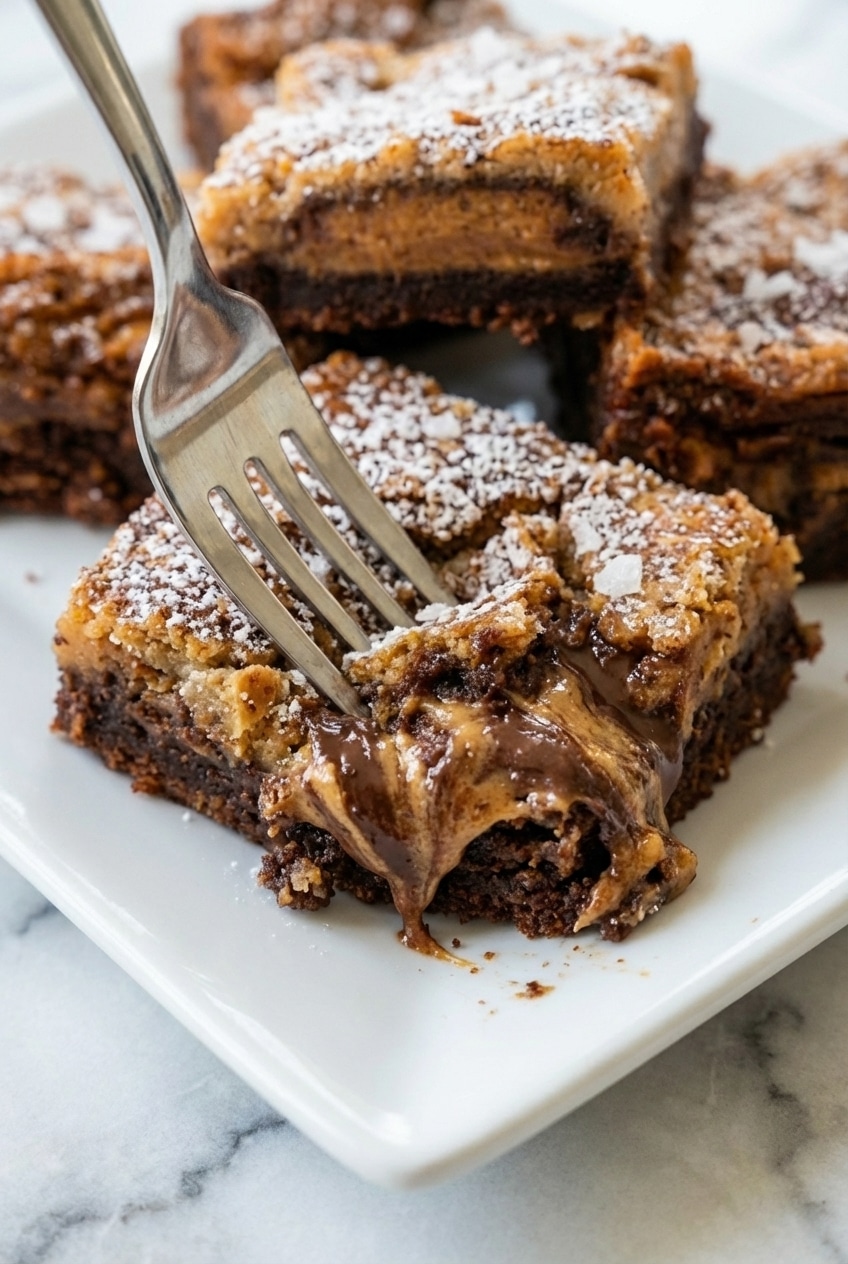 Close-up of the molten, creamy center layer of a chocolate peanut butter ooey gooey cake.