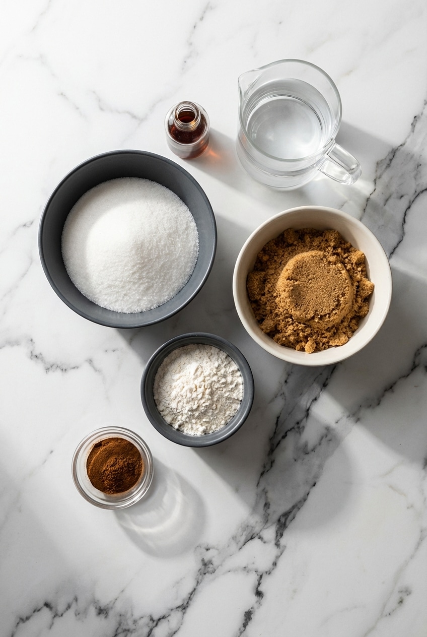 Flat lay of pantry staples for cinnamon pancake syrup featuring brown sugar, cinnamon sticks, and vanilla extract.