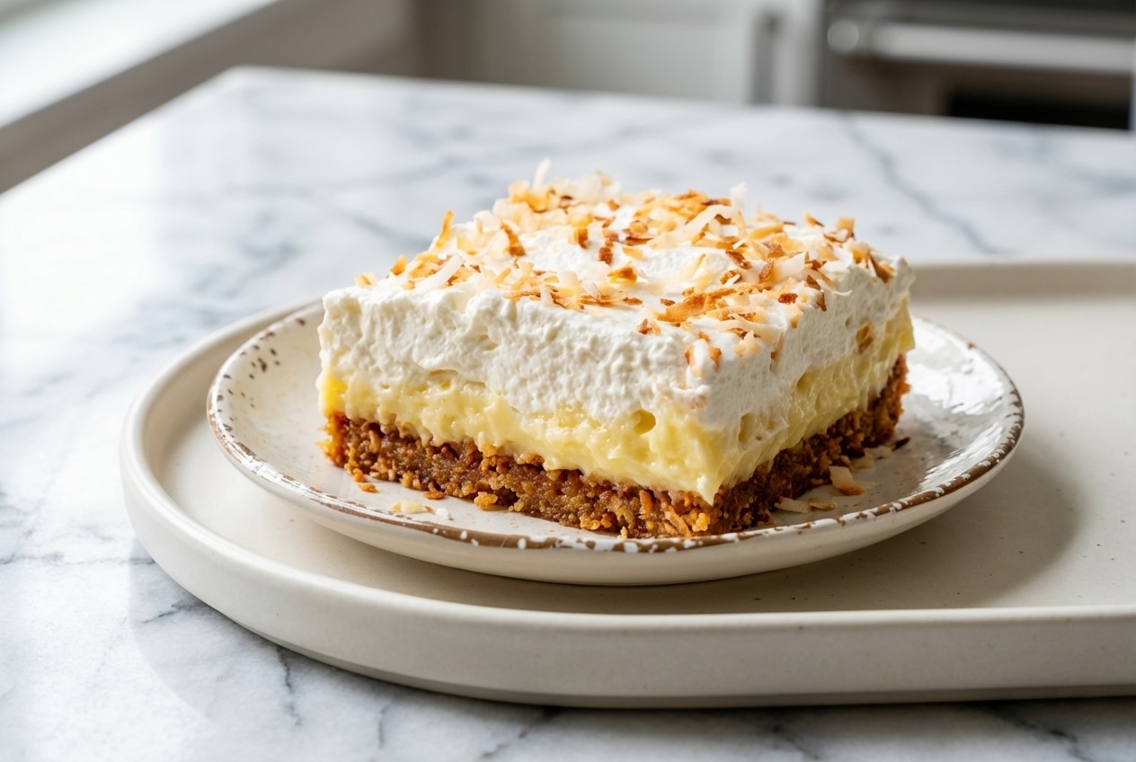 Creamy coconut cream pie bars with a golden brown butter and toasted coconut crust and whipped topping.