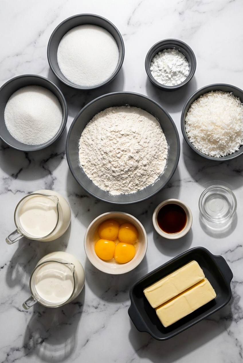 Flat lay of ingredients for coconut cream pie bars including heavy whipping cream, shredded coconut, and extract.