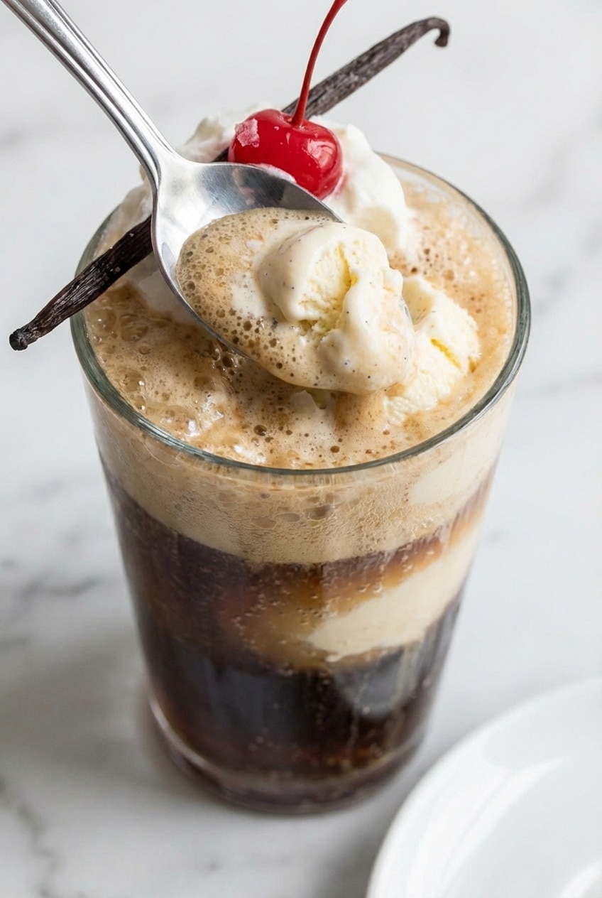 Close-up of fizzy carbonation and nucleation in salted vanilla coke floats inside a glass.
