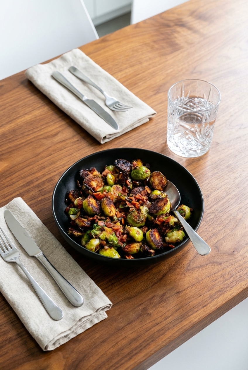Close up of brussels sprouts with bacon cooking in a cast iron skillet for maximum crispiness.