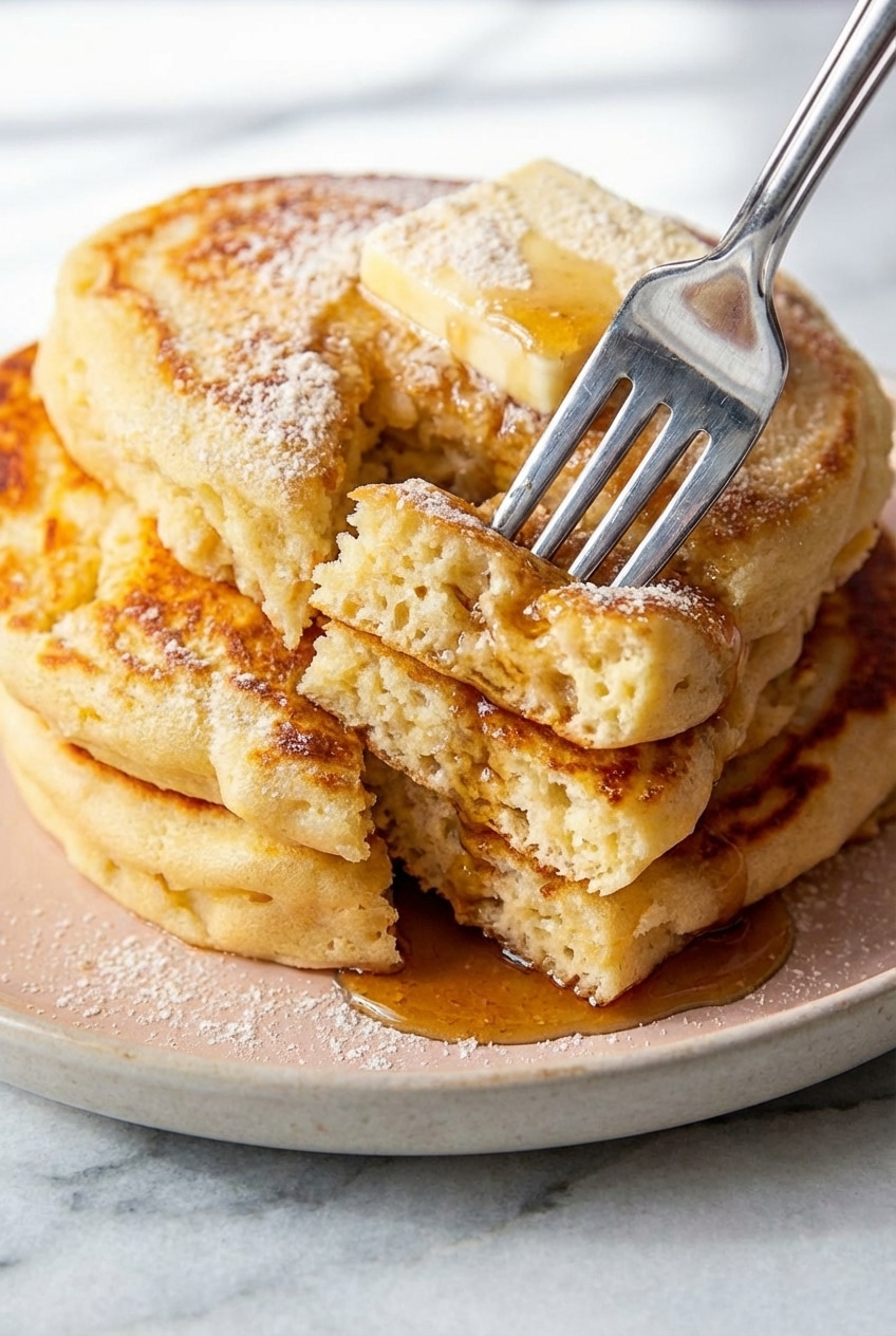 Fluffy pancakes cooking in a non-stick skillet showing the Maillard reaction and golden brown edges.