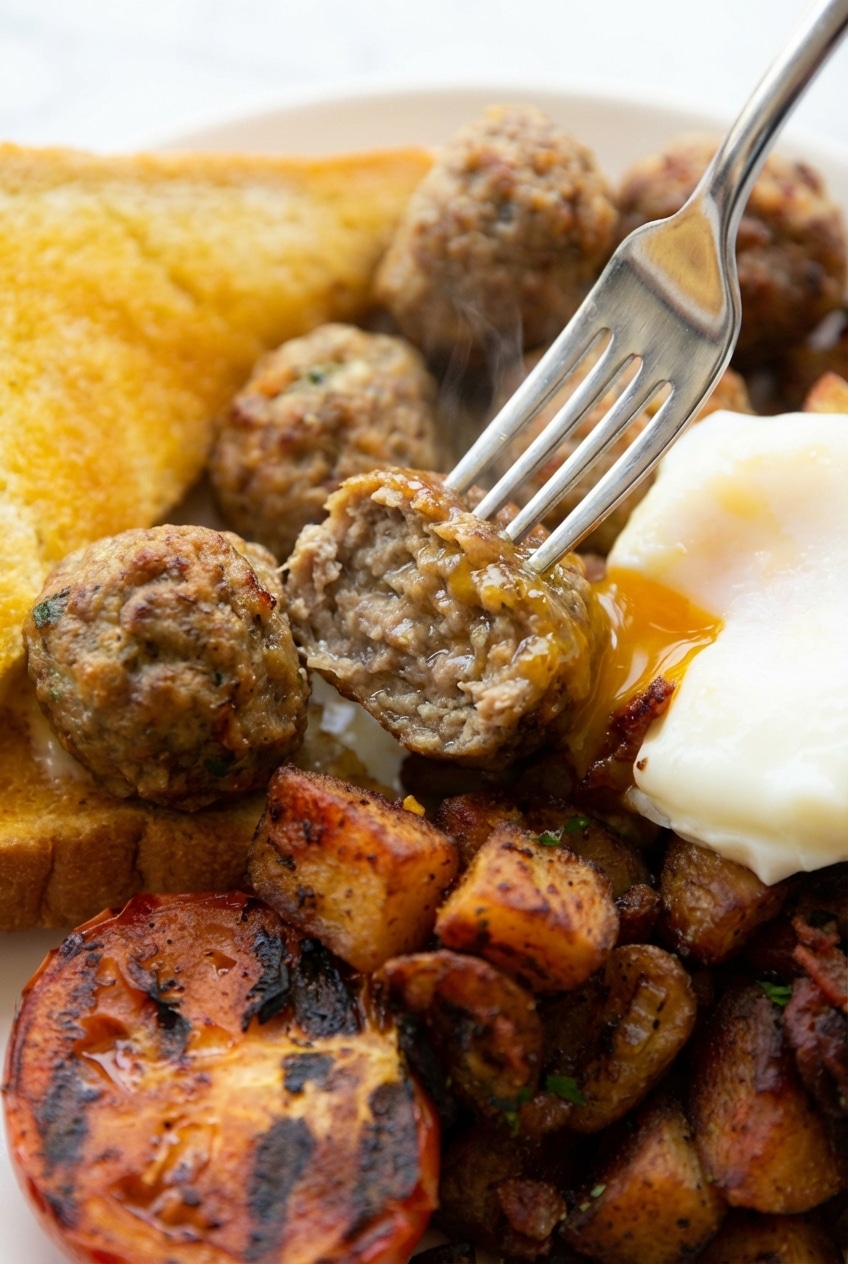 A tray of breakfast meatballs on parchment paper showing the perfect Maillard reaction after baking.