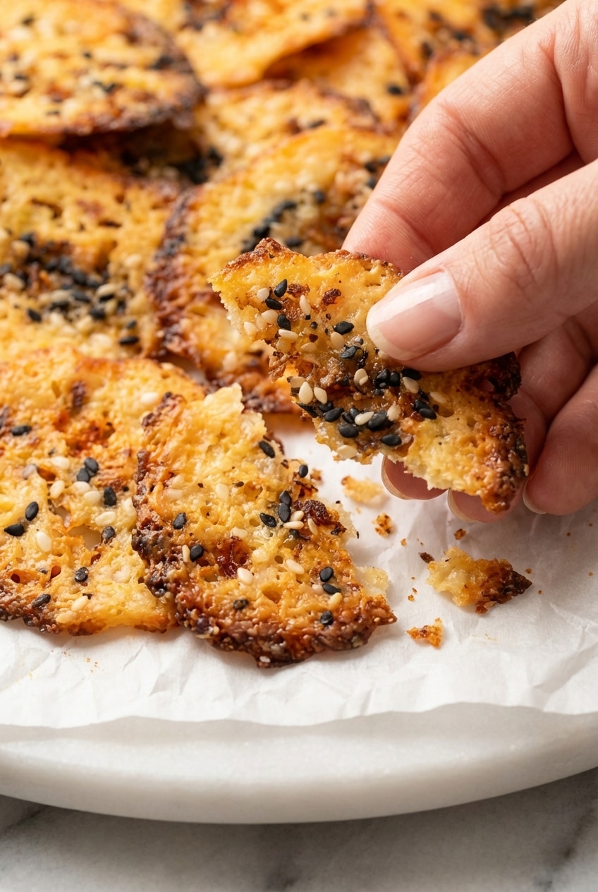 Close-up of the golden brown Maillard reaction on the edges of crispy cottage cheese chips.